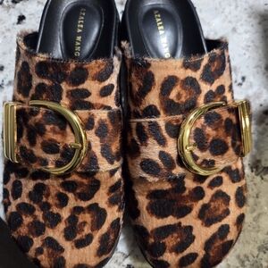Azalea Wang Leopard Print Mules with Gold Buckle